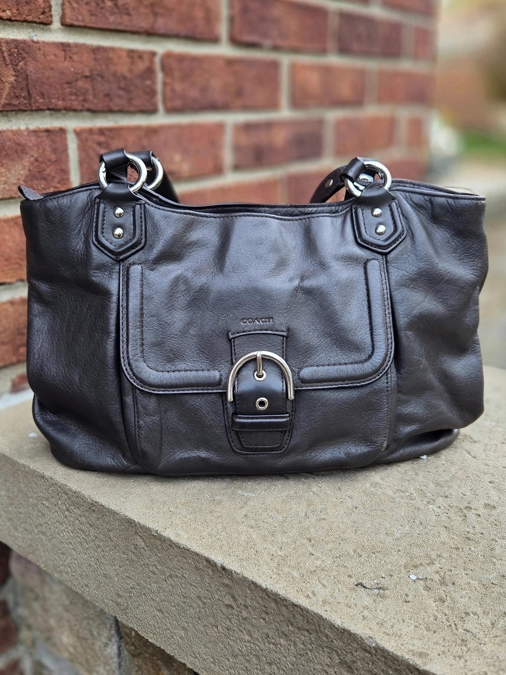 Coach Campbell Belle Leather Carryall Shoulder Bag Silver Hematite Gunmetal
